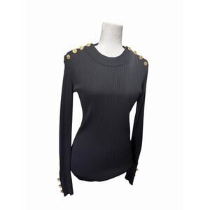 Louis Vuitton Uniform Black Ribbed Sweater Gold Logo Buttons Womens Medium READ